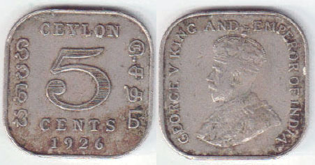 1926 Ceylon 5 Cents A002556